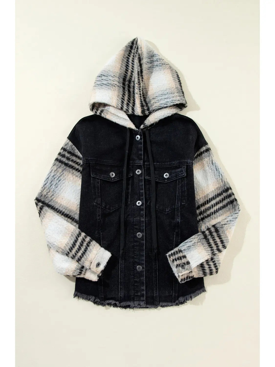 Karierte Denim-Patchwork-Kapuzenjacke