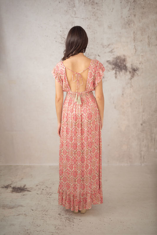 Langes Boho-Kleid Braun mit V-Ausschnitt & Volants – Bones & Bloom