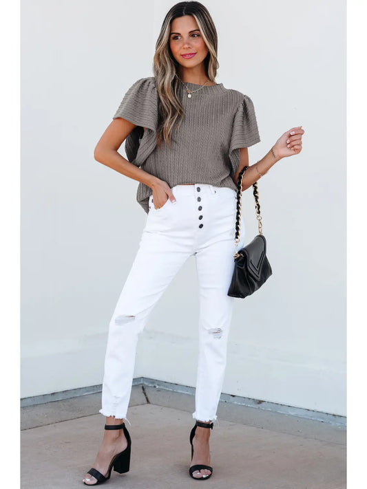 Einfarbiges, strukturiertes Top mit Flatterärmeln- Elegant & Vielseitig