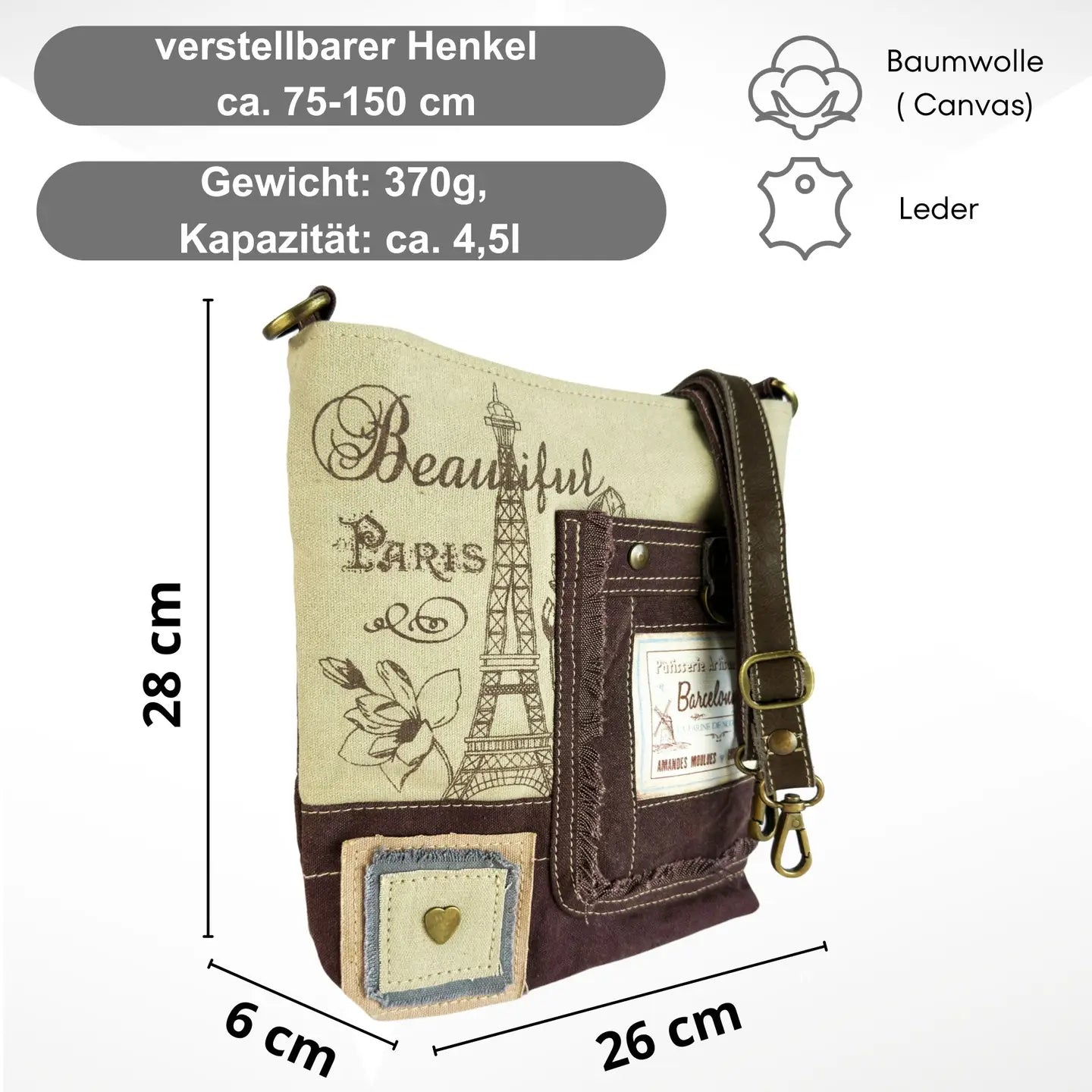 Sunsa Vintage Umhängetasche. Crossover Tasche Paris Motiv