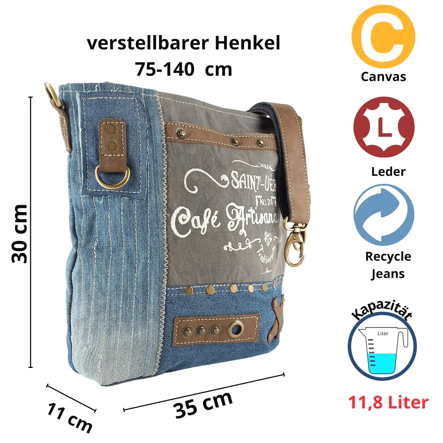 Sunsa Tasche. Nachhaltige Vintage Umhängetasche aus Jeans