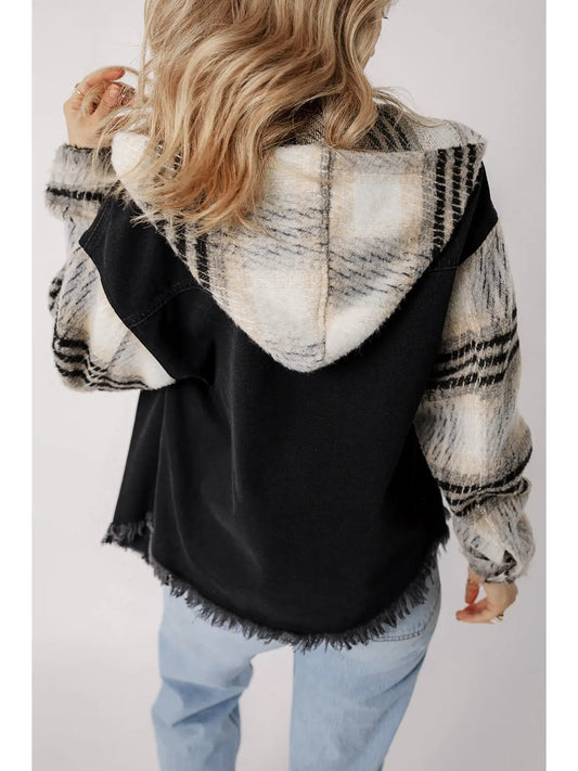 Karierte Denim-Patchwork-Kapuzenjacke