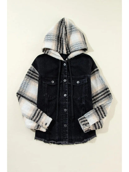 Karierte Denim-Patchwork-Kapuzenjacke