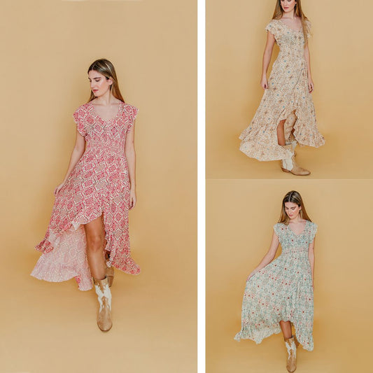 Langes Boho-Kleid Braun mit V-Ausschnitt & Volants – Bones & Bloom