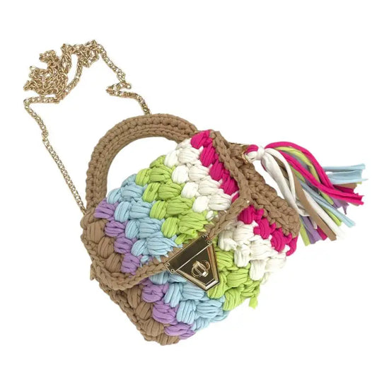Boho-Handtasche aus Baumwolle & Häkelarbeit – mit Fransen pink