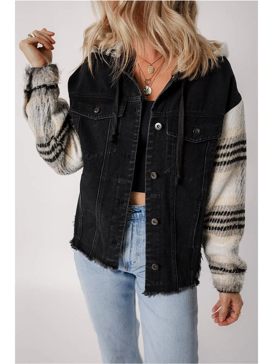 Karierte Denim-Patchwork-Kapuzenjacke